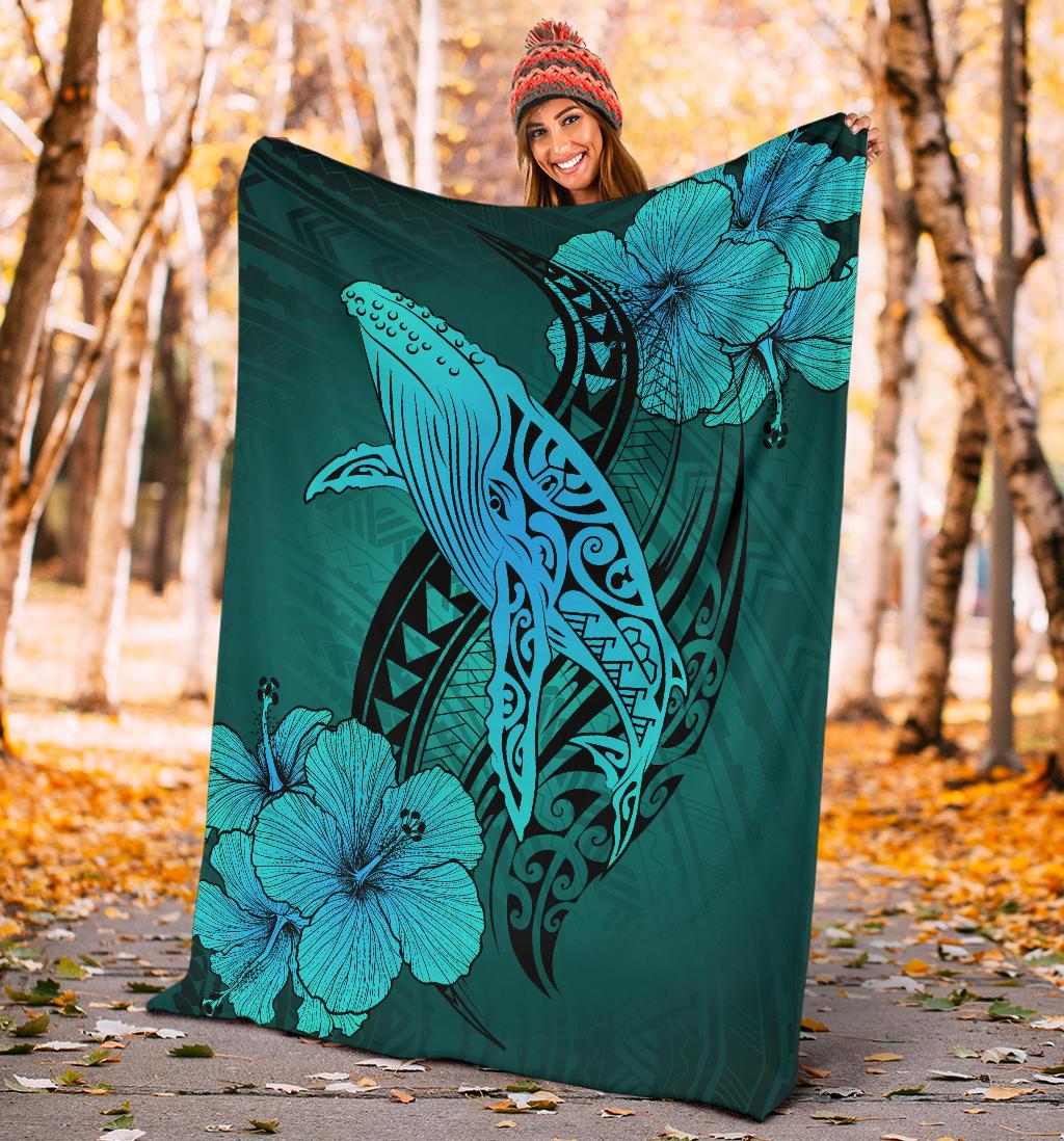 Hawaii Whale Swim Poly Turquoise Premium Blanket - Polynesian Pride