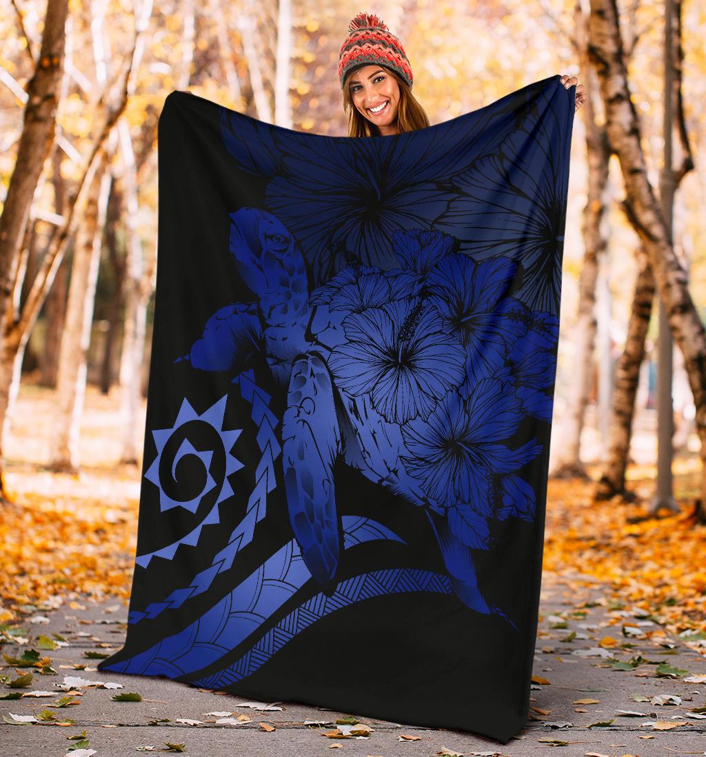 Hawaii Turtle Hibiscus Polynesian Vintage Premium Blanket - Blue - Polynesian Pride
