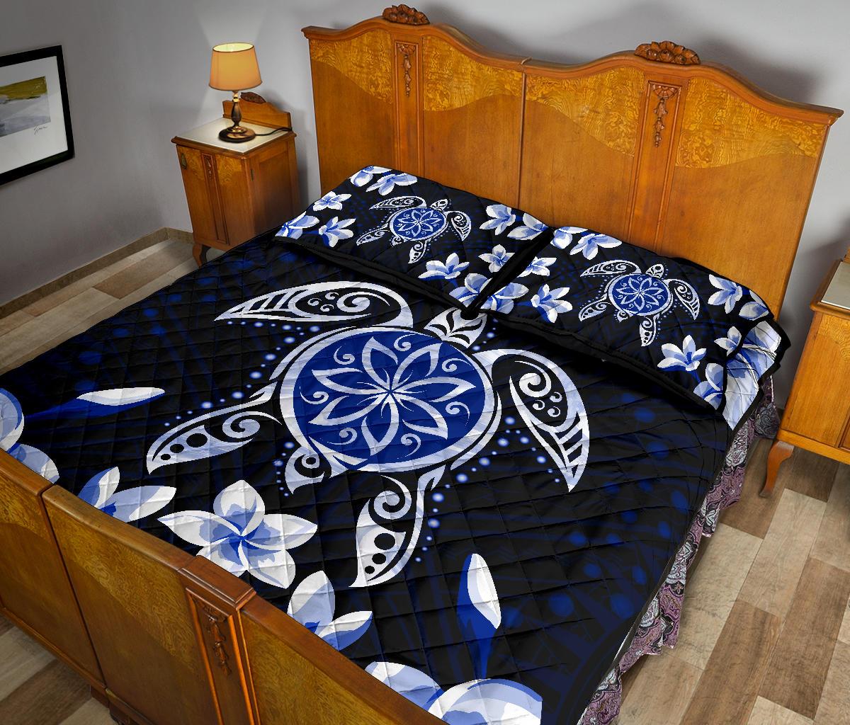 Hawaiian Icon Blue Turtle Plumeria Quilt Bed Set - Polynesian Pride