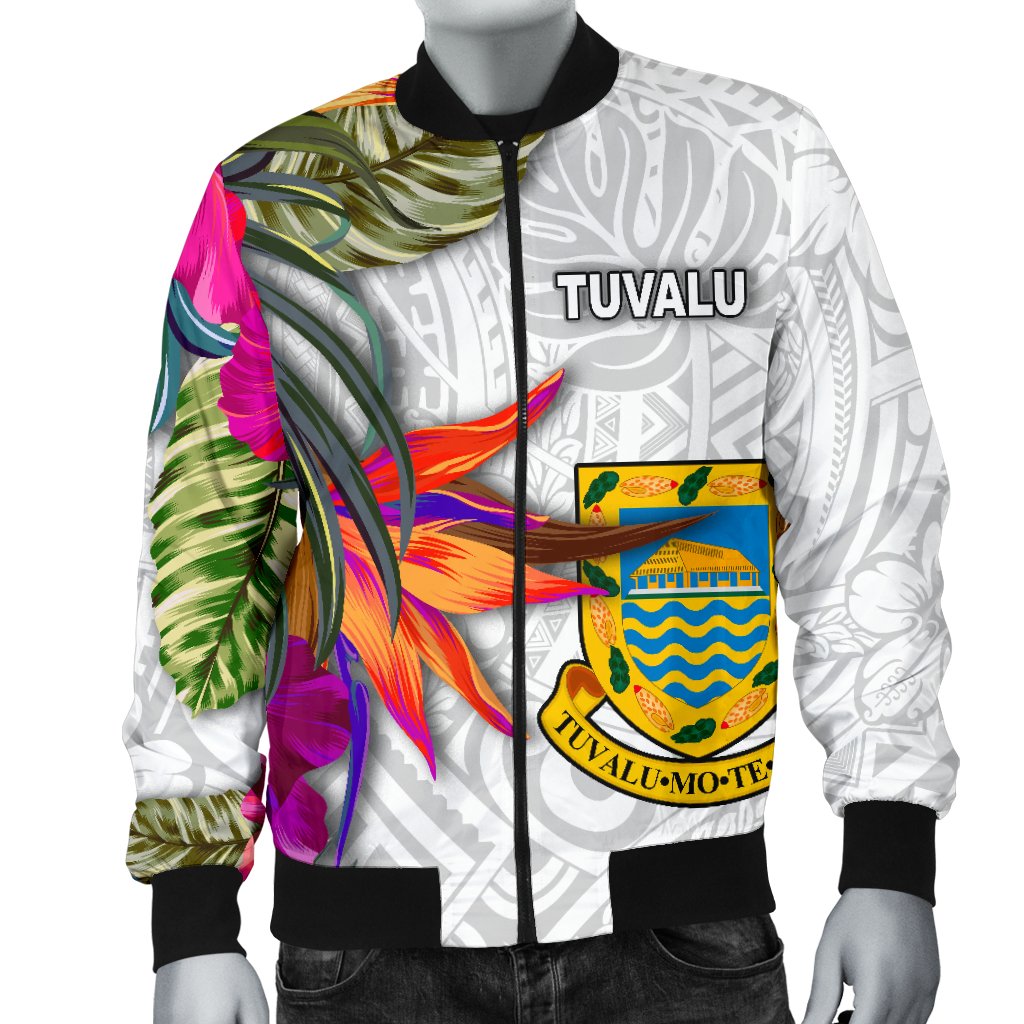 Tuvalu Men's Bomber Jacket Polynesian Hibiscus White Pattern - Polynesian Pride