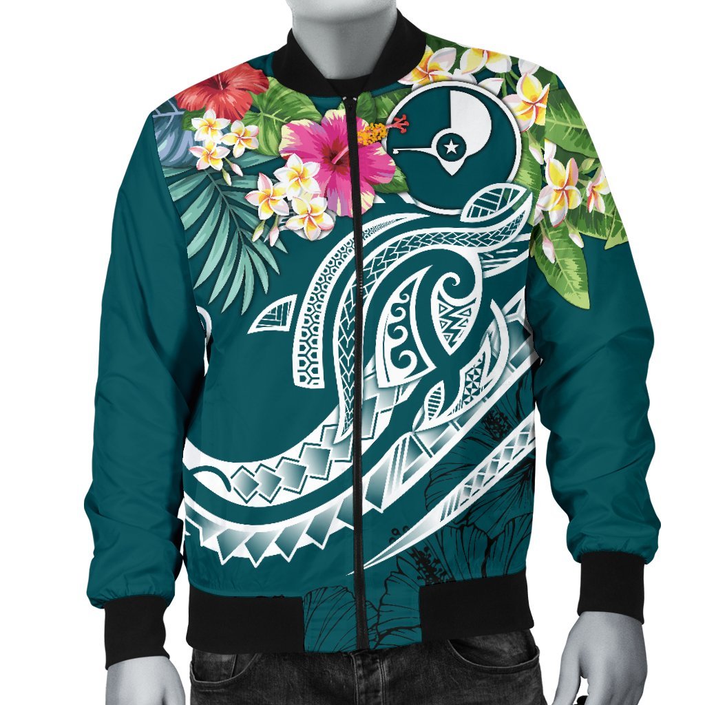 YAP Polynesian Men's Bomber Jacket - Summer Plumeria (Turquoise) - Polynesian Pride