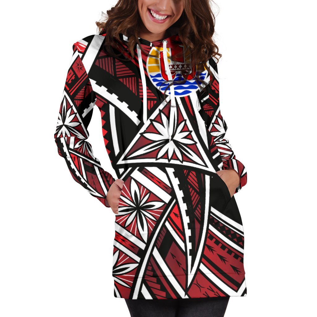 Tahiti Women's Hoodie Dress - Tribal Flower Special Pattern Red Color - Polynesian Pride