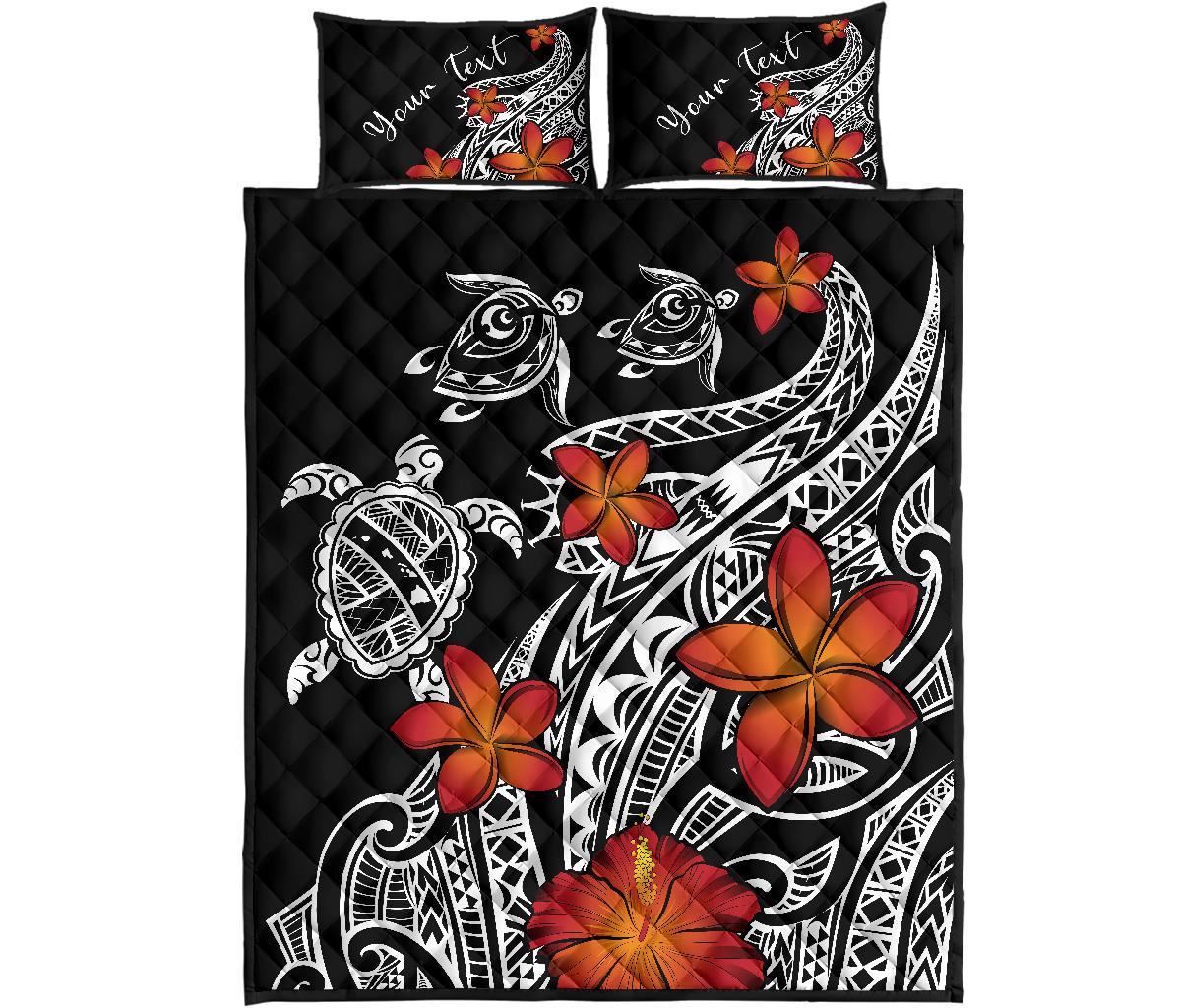 Personalized - Hawaiian Three Turtles Swim Plumeria Polynesian Quilt Bed Set Black - Polynesian Pride