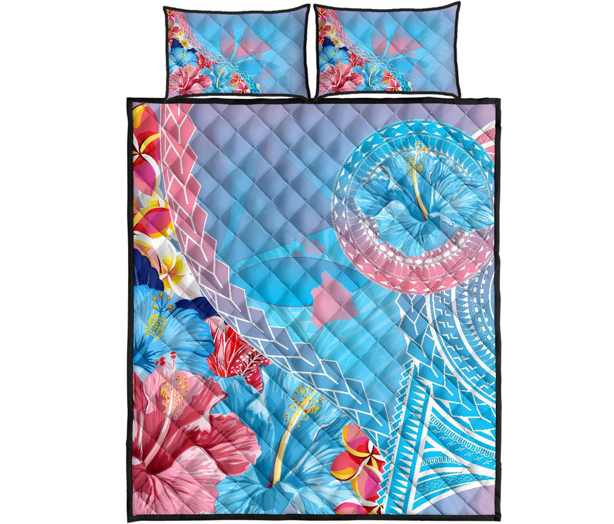 Hawaii Map Sweet Dream Kanaka Polynesian Hibiscus Quilt Bed Set Blue - Polynesian Pride