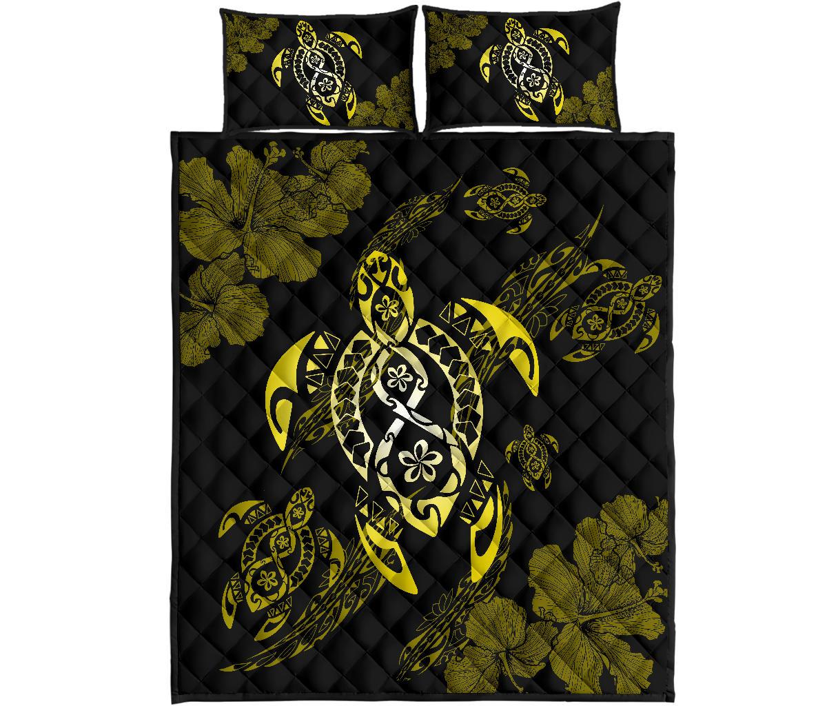 Hawaii Polynesian Turtle Quilt Bed Set Flow Of Turtle Yellow Black - Polynesian Pride