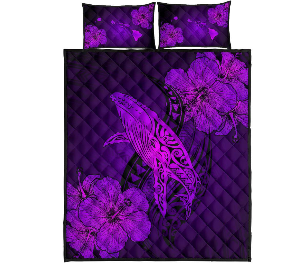 Hawaiian Whale Swim Hibiscus Polynesian Quilt Bedding Set - Purple Art - Polynesian Pride