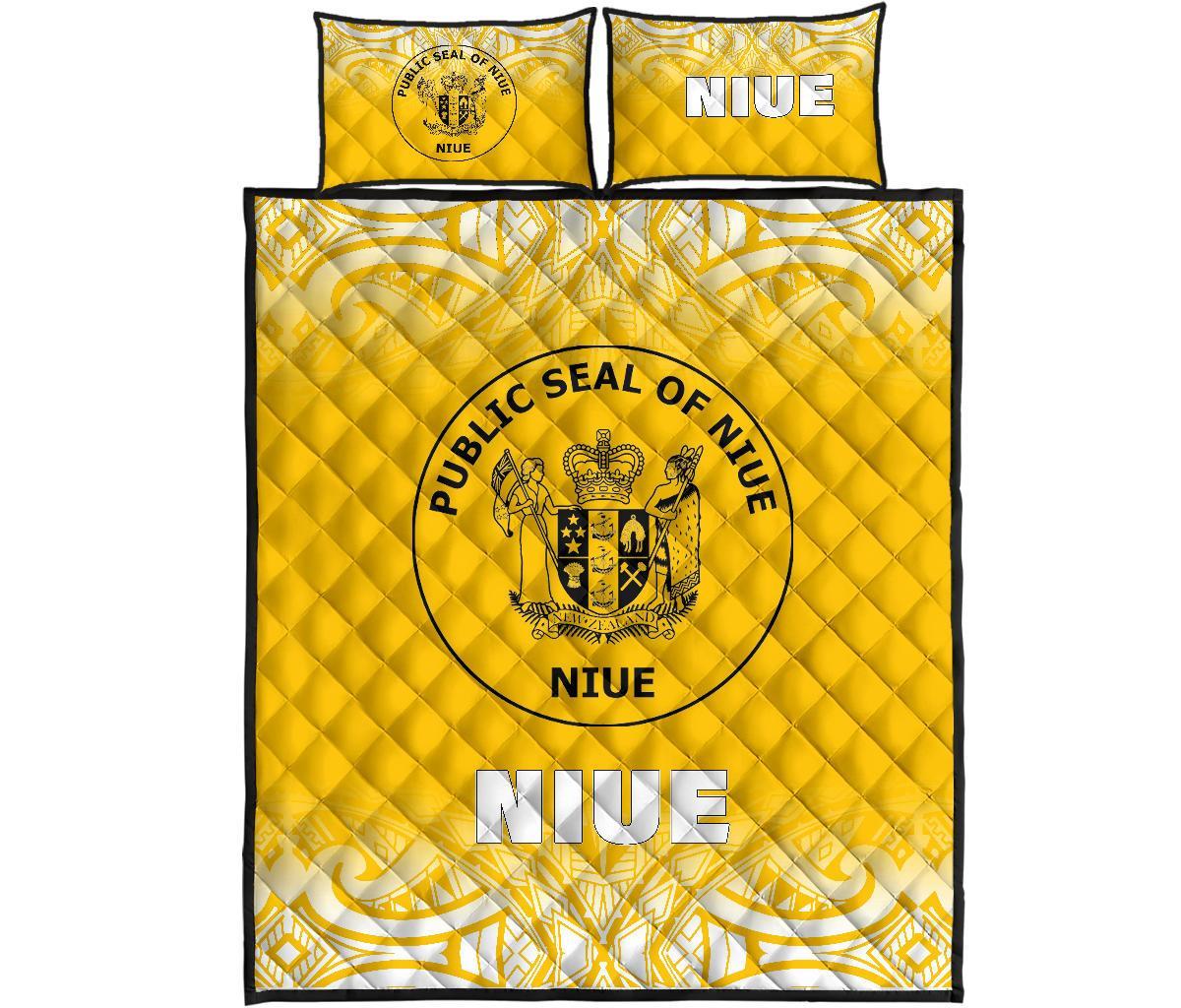 Niue Quilt Bed Set - Niue Coat Of Arms Polynesian Tattoo Fog Yellow Style Yellow - Polynesian Pride