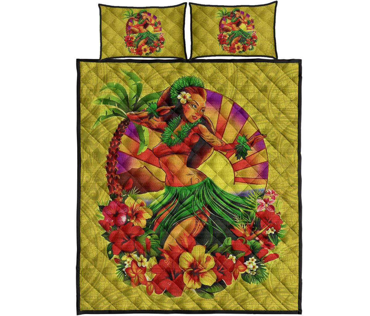 Kanaka Maoli (Hawaiian) Quilt Bed Set - Polynesian Hula Girl Tropical Flower Yellow - Polynesian Pride