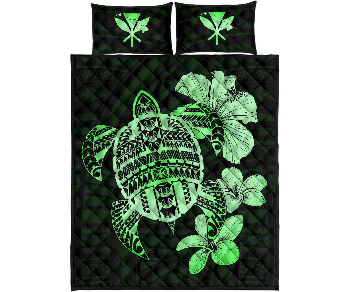 Hawaiian Kanaka Hibiscus Plumeria Mix Polynesian Turtle Quilt Bed Set Green AH Green - Polynesian Pride