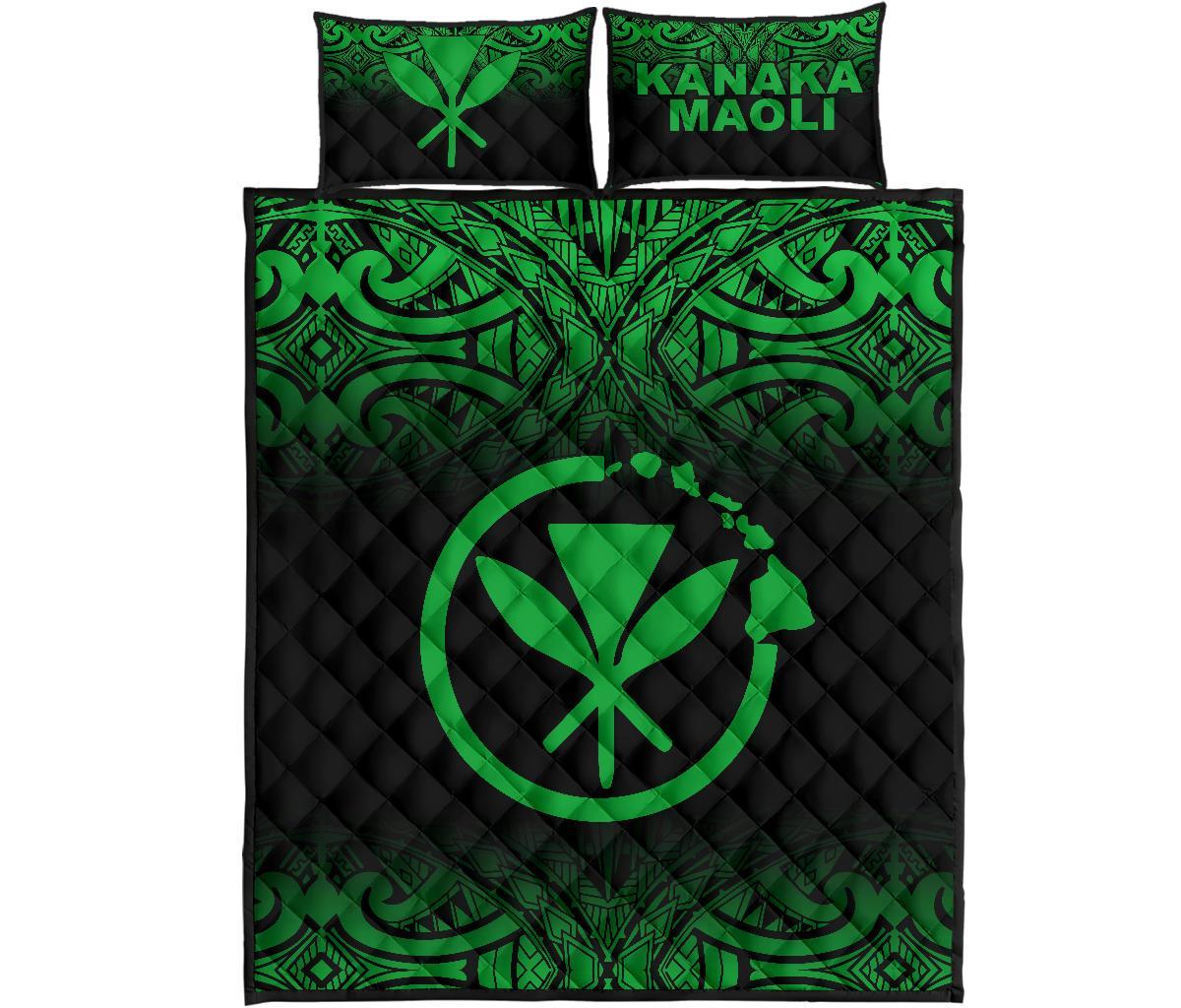 Hawaii Quilt Bed Set - Kanaka Maoli Polynesian Tattoo Black Fog Style Green Version Green - Polynesian Pride