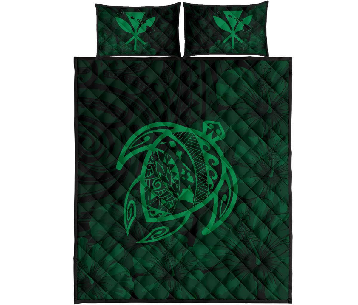 Hawaii Turtle Kanaka Map Hibiscus Poly Quilt Bed Set - Green Green - Polynesian Pride