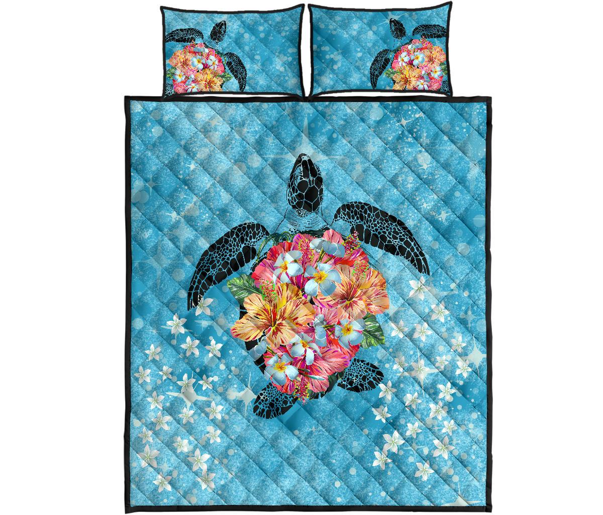 Hawaii Turtle Hibiscus Plumeria Quilt Bed Set Blue - Polynesian Pride