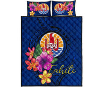 Tahiti Polynesian Quilt Bed Set - Floral With Seal Blue - Polynesian Pride
