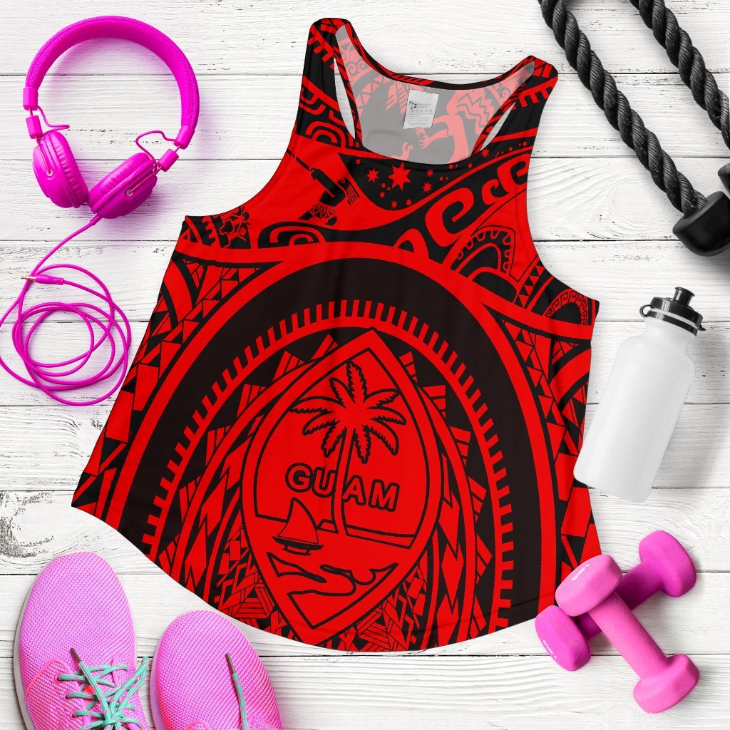 Polynesian Racerback Tanks - Guam Flag, Seal with Maui Moana Tattoo Red - Polynesian Pride