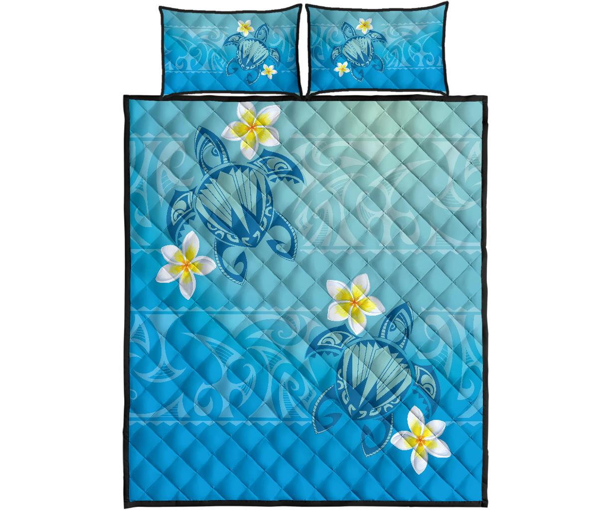 Hawaii Plumeria Deep Blue Turtle Quilt Bed Set Blue - Polynesian Pride