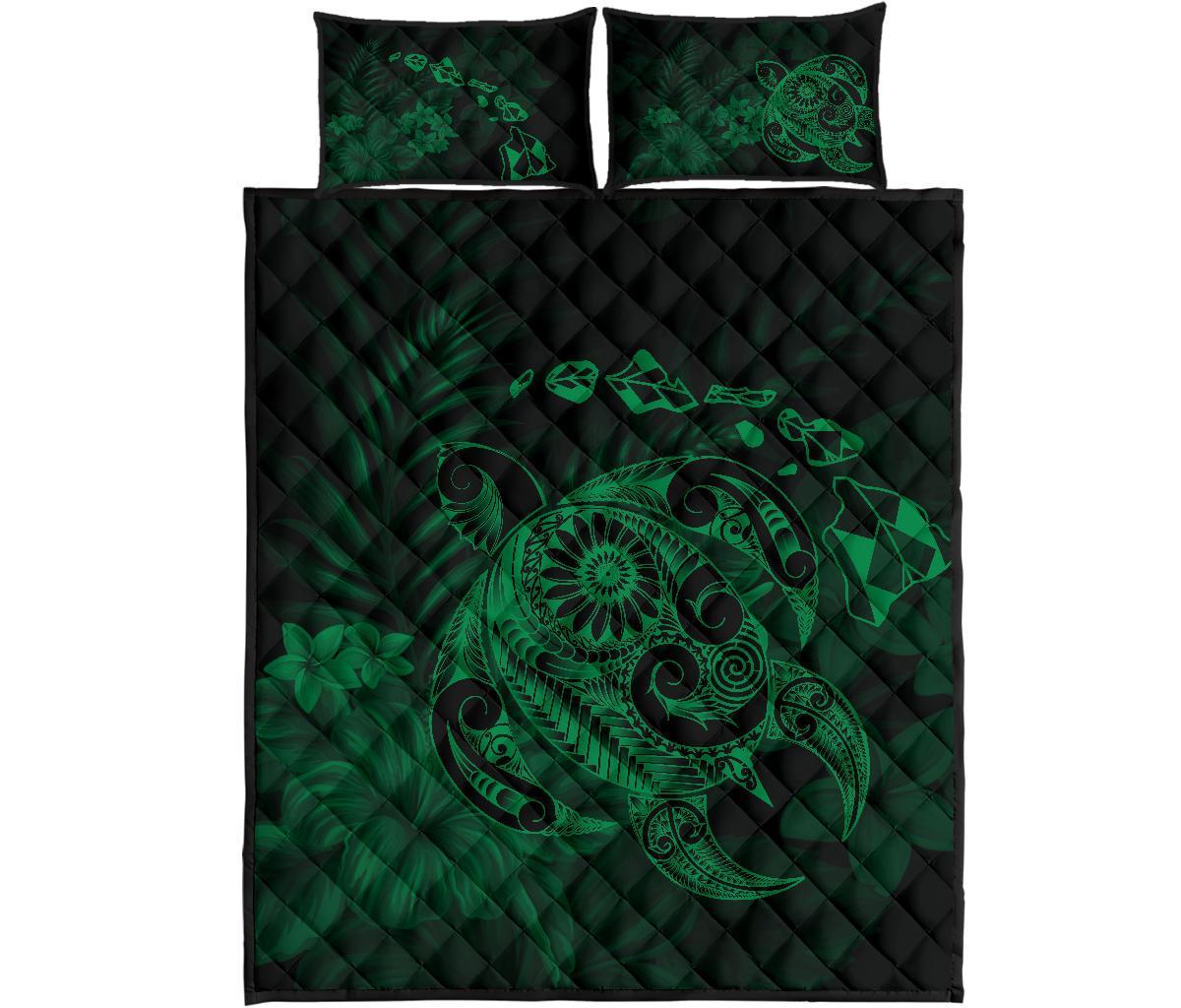 Hawaii Turtle Map Hibiscus Polynesian Green Quilt Bed Set Green - Polynesian Pride