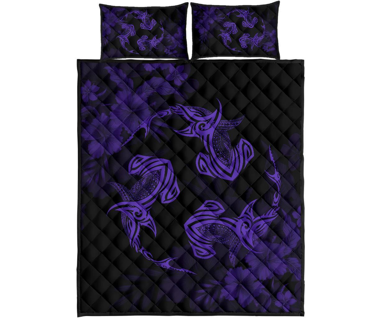 Hawaii Head Hammer Shark Hibiscus Purple Quilt Bed Set Art - Polynesian Pride