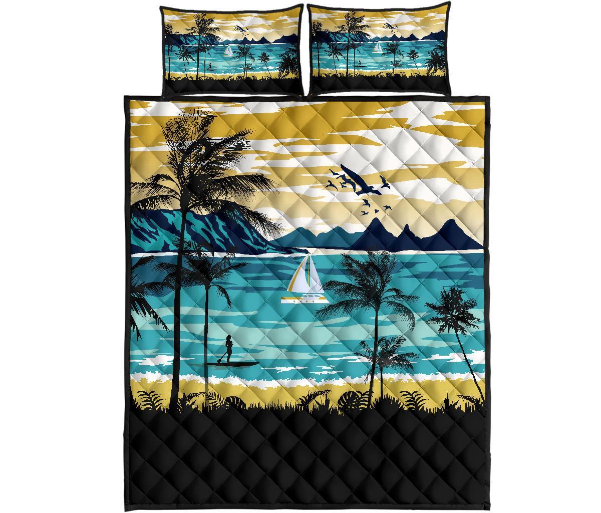 Hawaiian Poster View Classic Quilt Bed Set Blue - Polynesian Pride