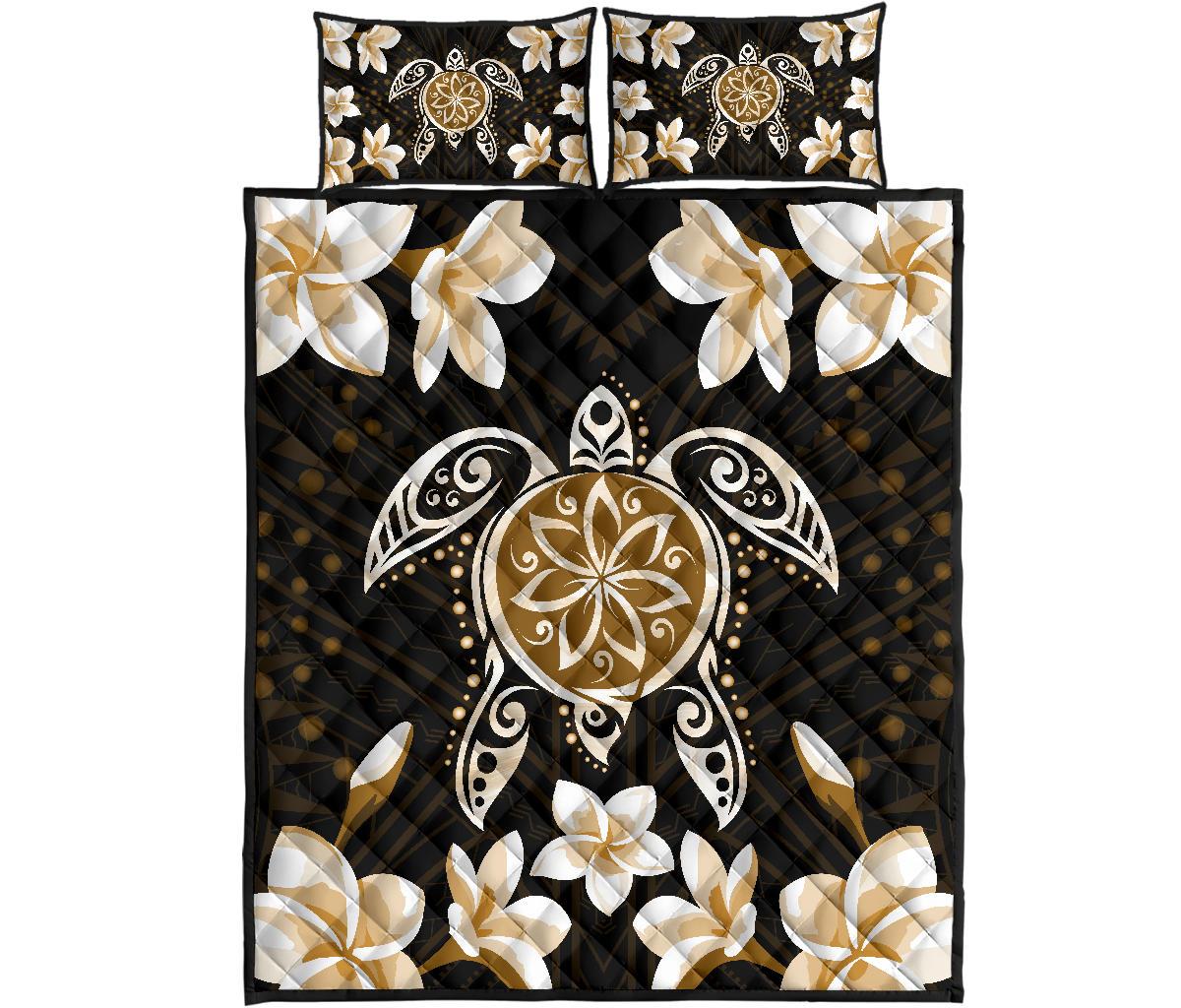 Hawaiian Gold Turtle Plumeria Quilt Bed Set Black - Polynesian Pride