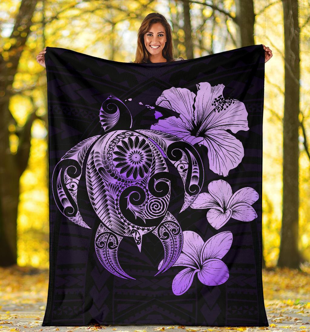 Hibiscus Plumeria Mix Polynesian Violet Turtle Premium Blanket - Polynesian Pride
