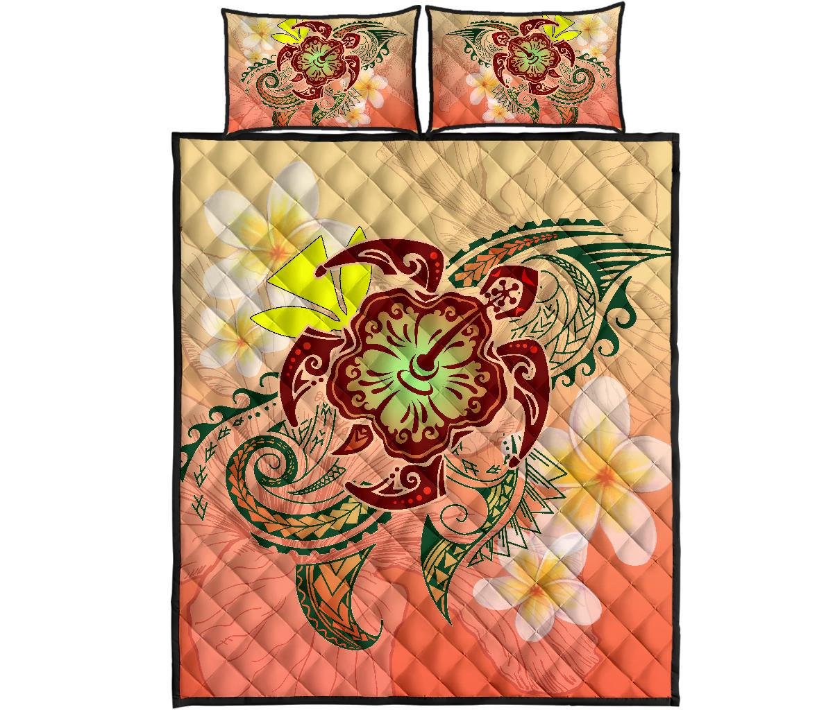 Hawaii Turtle Kanaka Plumeria Hibiscus Quilt Bed Set - Kity Style - AH Orange - Polynesian Pride