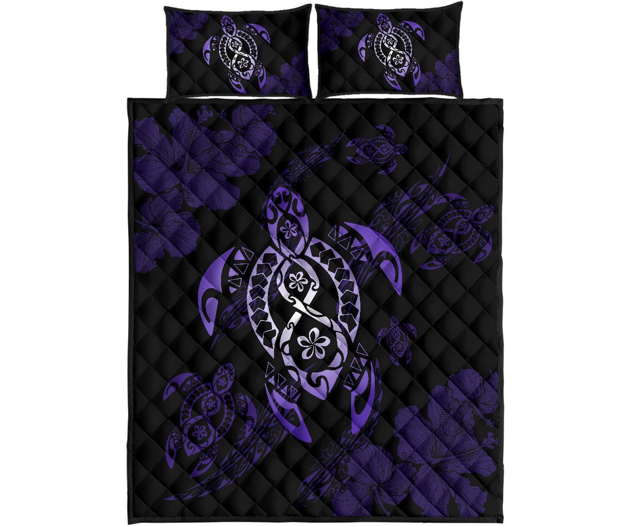 Hawaii Polynesian Turtle Quilt Bed Set Flow Of Turtle Purple Black - Polynesian Pride