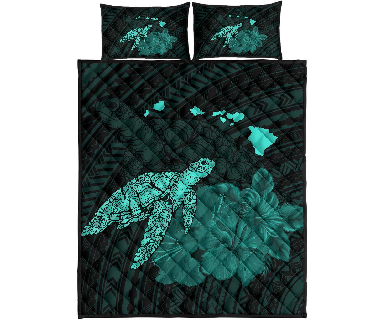 Hawaii Polynesian Hibiscus Turtle Map Quilt Bed Set - AH - Turquoise Turquoise - Polynesian Pride