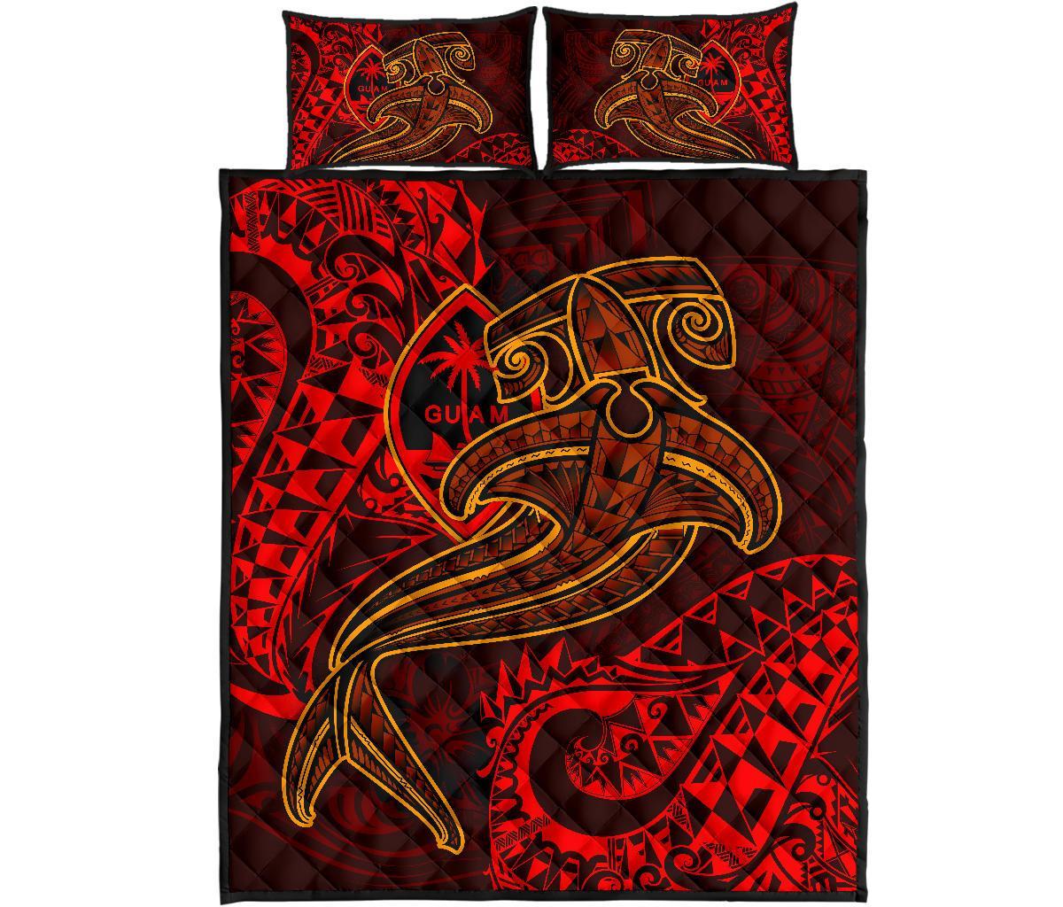 Guam Polynesian Quilt Bed Set - Red Shark Polynesian Tattoo - Polynesian Pride