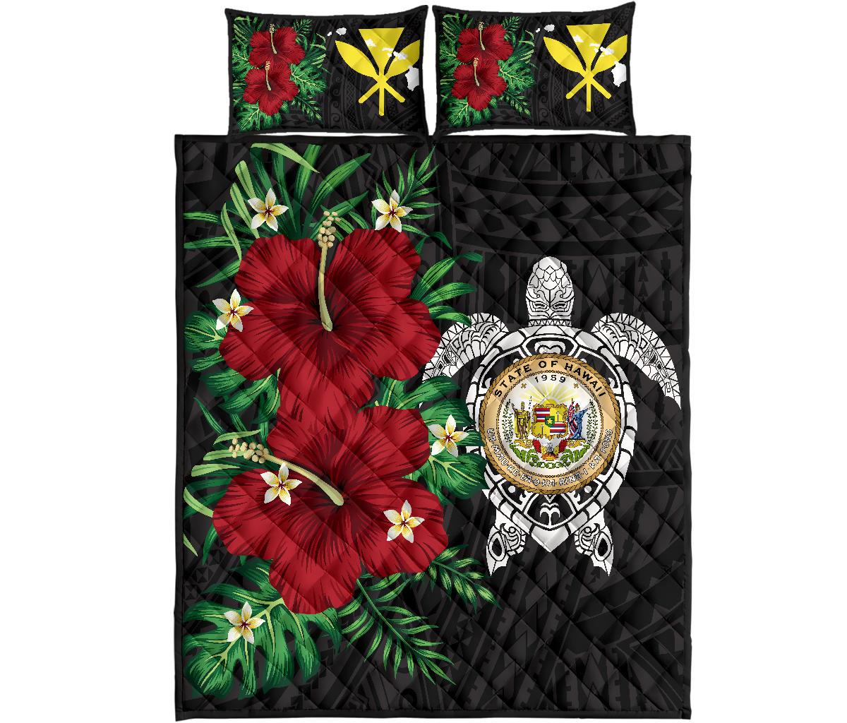 Hawaii Coast of Arm Turtle Hibiscus - Quilt Bed Set AH Black - Polynesian Pride