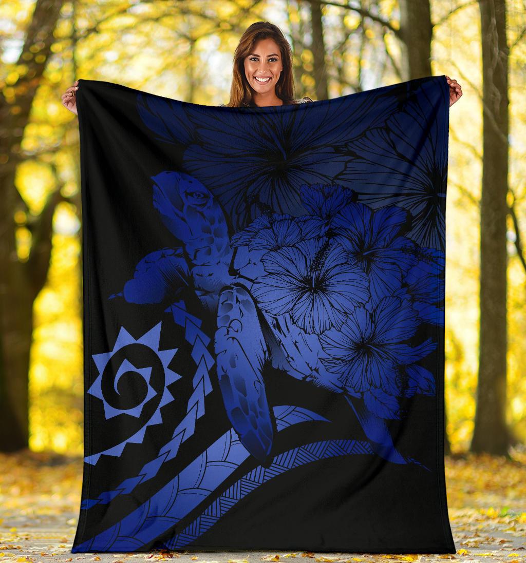 Hawaii Turtle Hibiscus Polynesian Vintage Premium Blanket - Blue - Polynesian Pride