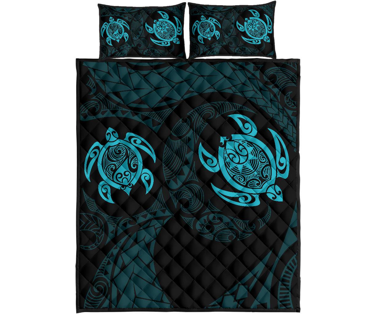 Hawaii Polynesian Turtle Quilt Bed Set Blue Black - Polynesian Pride