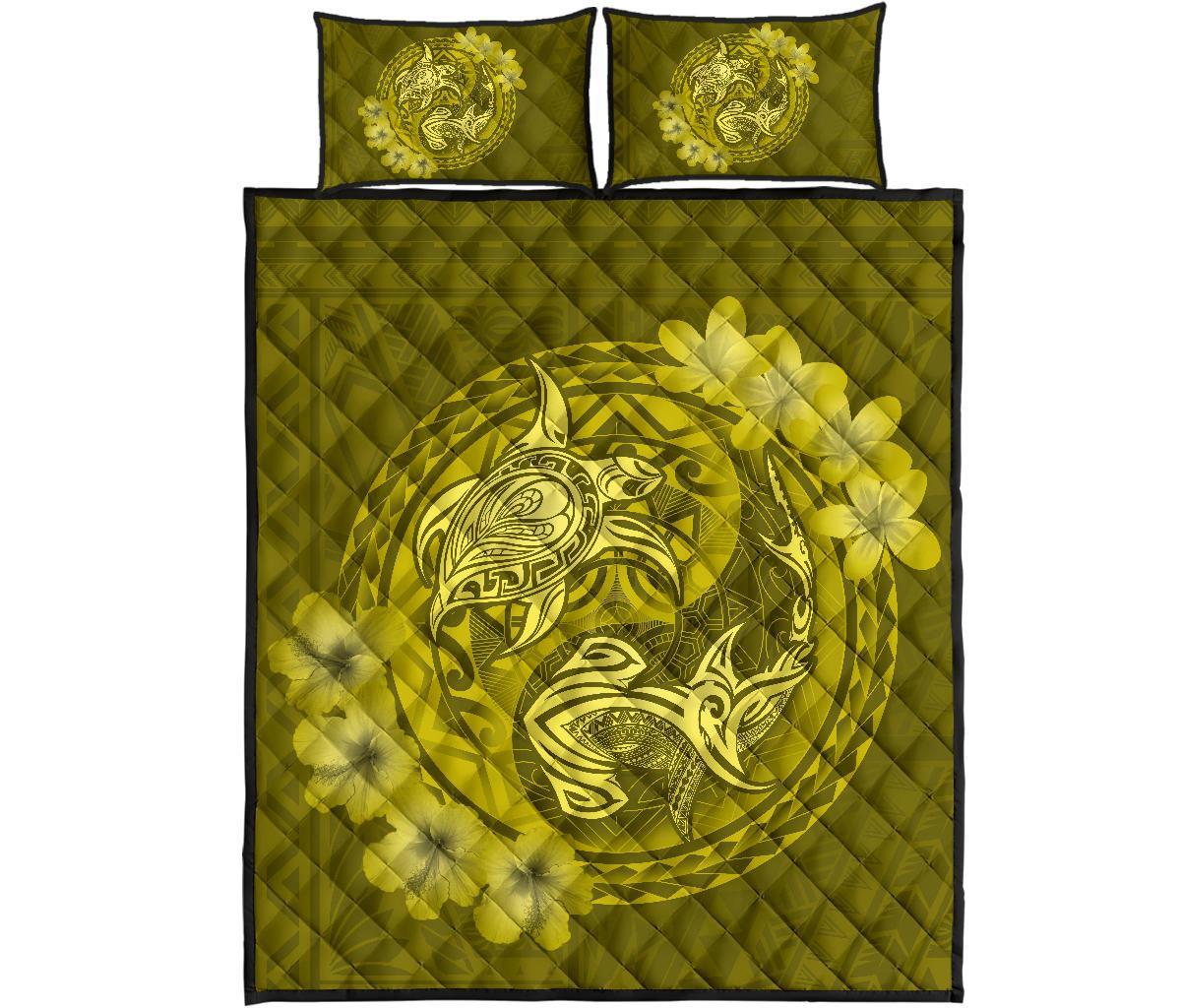 Hawaii Yin Yang Turtle Shark Hibiscus Plumeria Quilt Bed Set - Yellow Yellow - Polynesian Pride