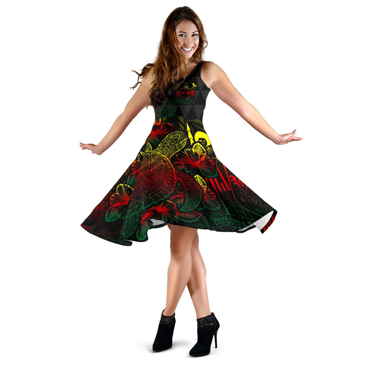 Fiji Polynesian Midi Dress - Turtle Hibiscus Reggae - Polynesian Pride