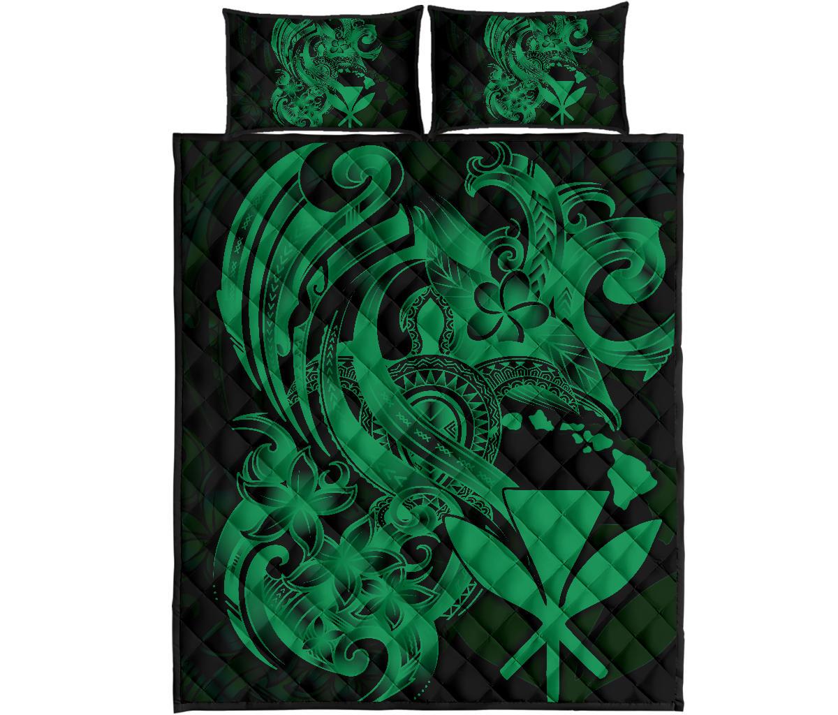 Hawaii Polynesian Quilt Bed Set - Green Kanaka Maoli Tentacle Plumeria - Polynesian Pride