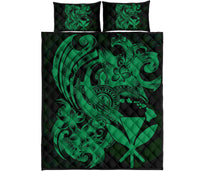 Hawaii Polynesian Quilt Bed Set - Green Kanaka Maoli Tentacle Plumeria - Polynesian Pride