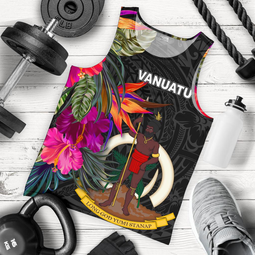 Vanuatu Men's Tank Top - Hibiscus Polynesian Pattern Black - Polynesian Pride