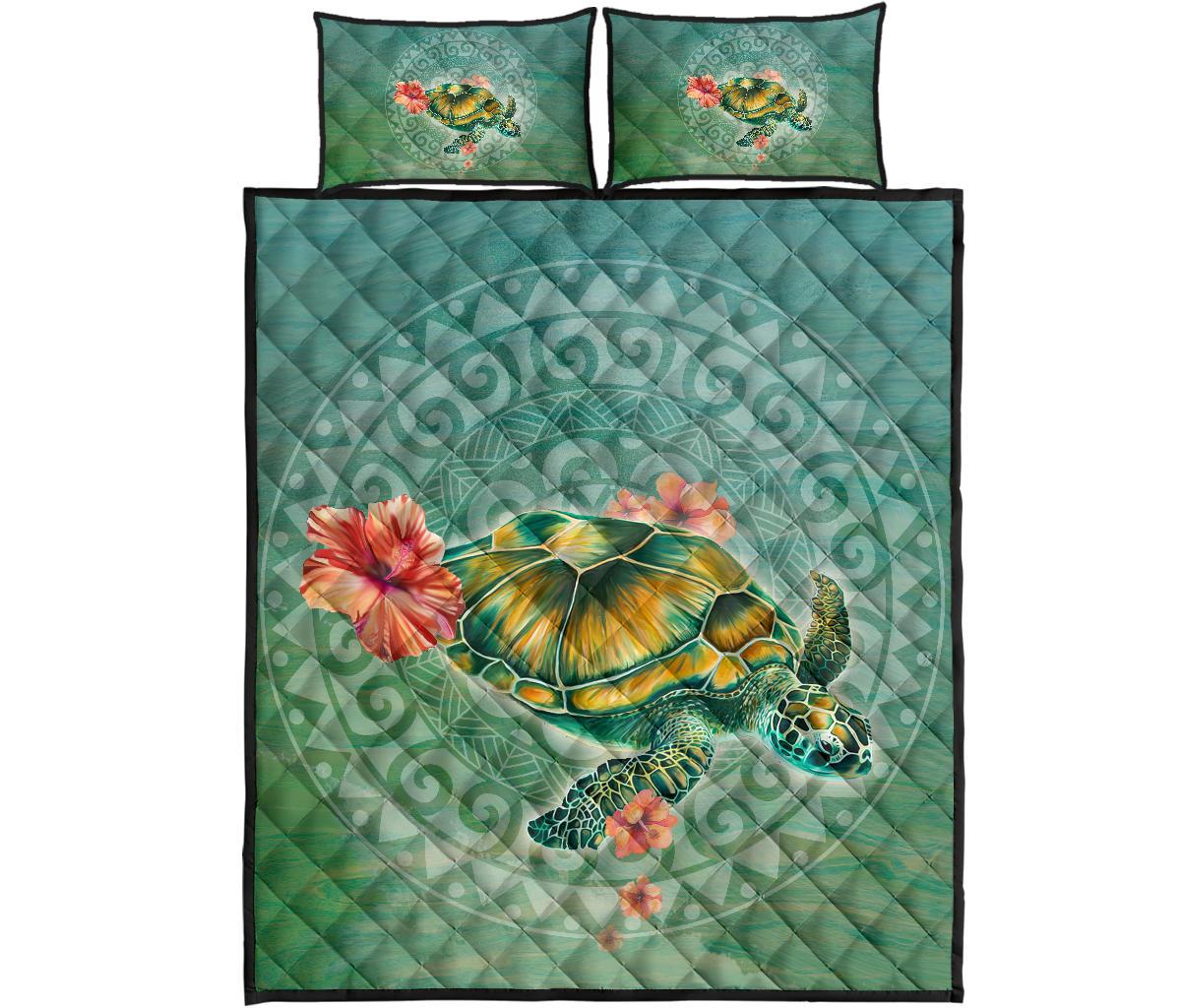 Hibiscus Turtle Swimming Quilt Bed Set Green - Polynesian Pride