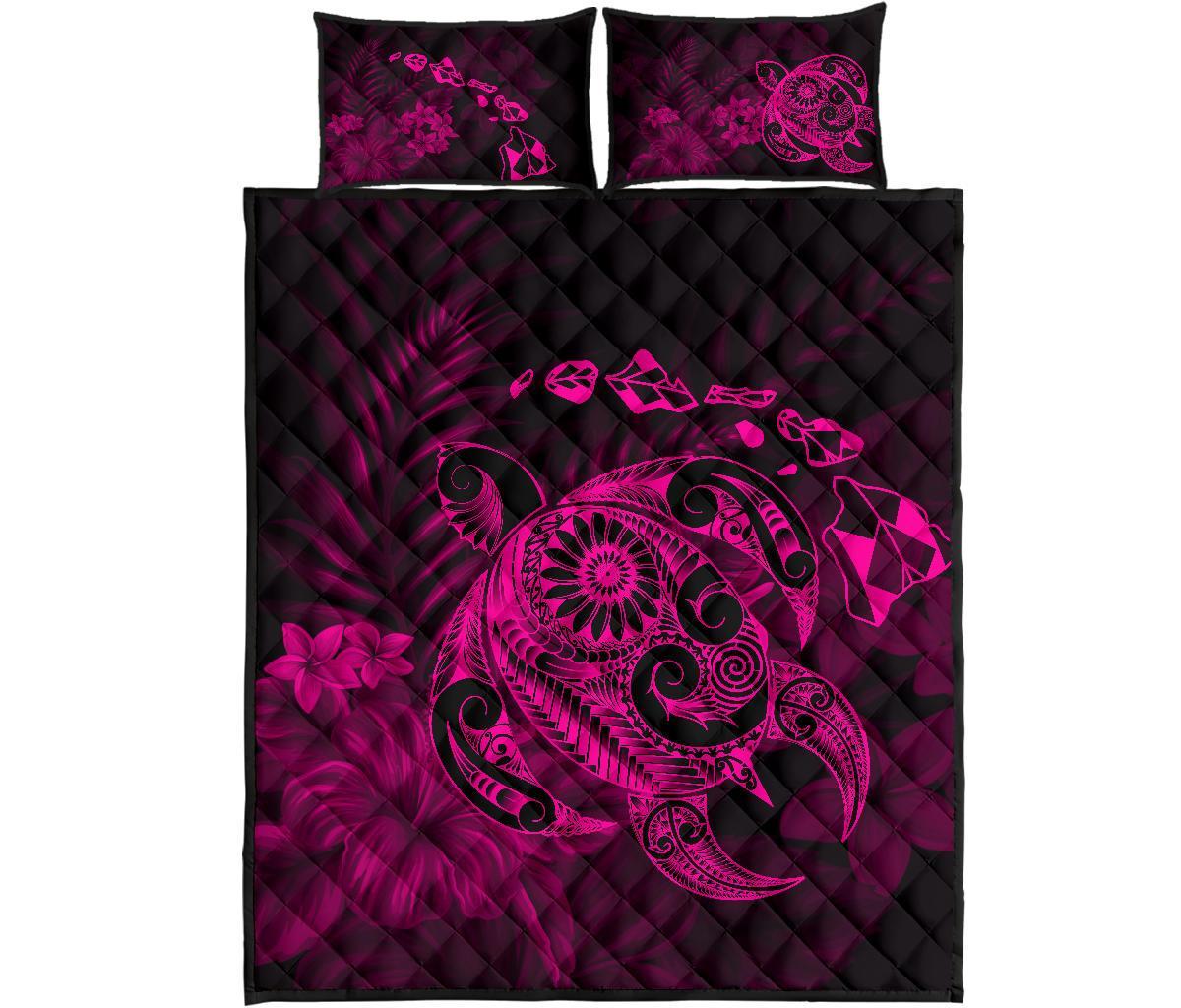 Hawaii Turtle Map Hibiscus Polynesian Pink Quilt Bed Set Art - Polynesian Pride