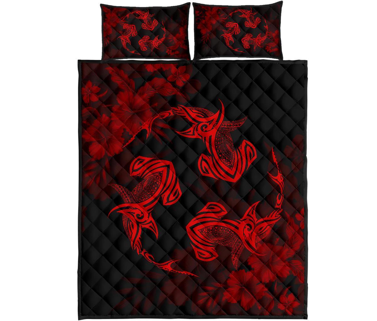 Hawaii Head Hammer Shark Hibiscus Red Quilt Bed Set Red - Polynesian Pride