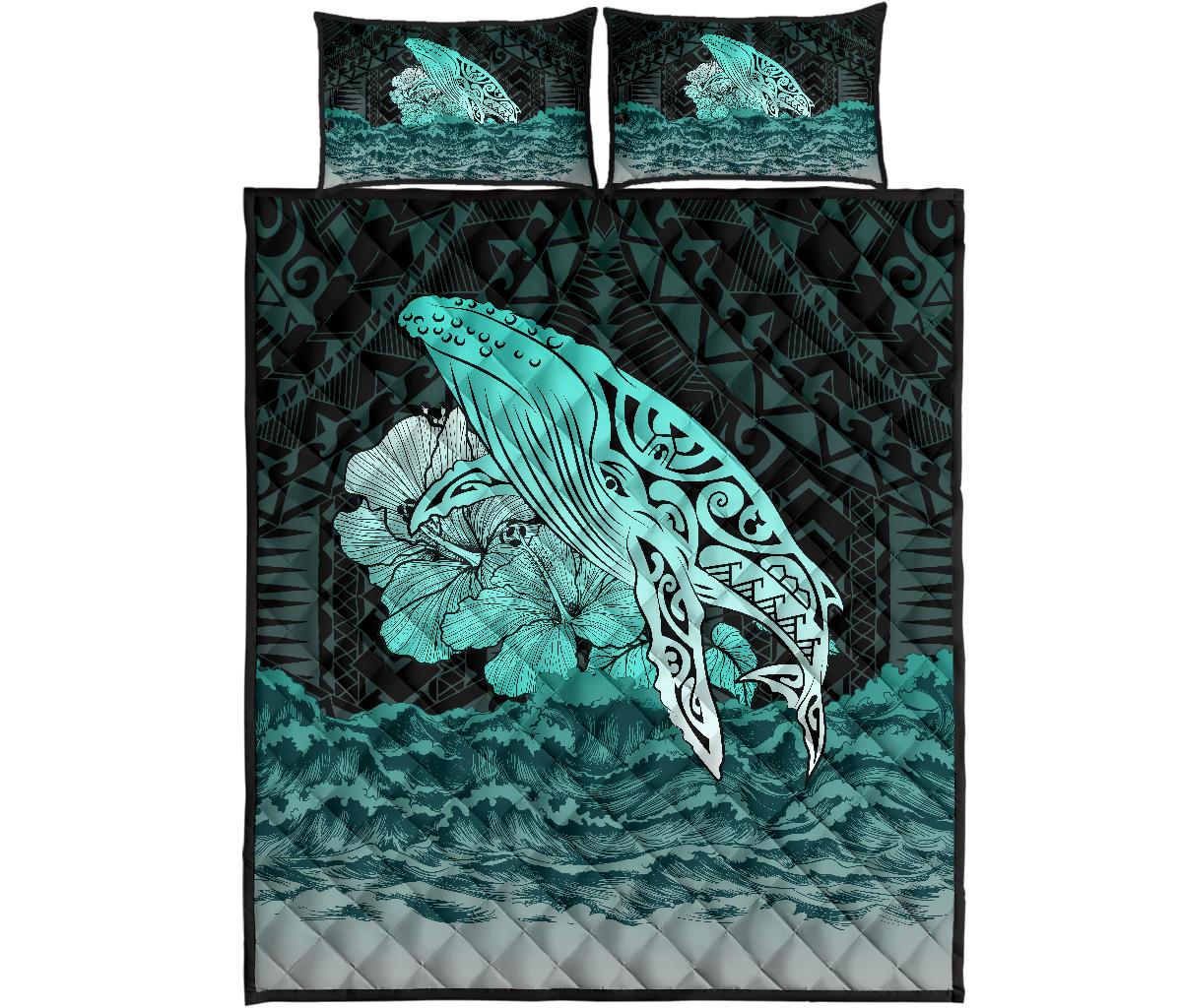 Hawaii Hibiscus Wale Polynesian Quilt Bed Set Turquoise - Polynesian Pride