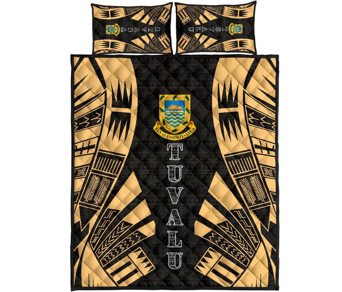 Tuvalu Quilt Bed Set - Tuvalu Coat Of Arms Yellow Tattoo Style Art - Polynesian Pride