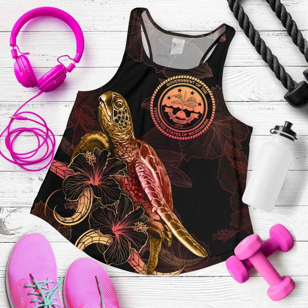 Federated States of Micronesia Polynesian Women Tank Top - Turtle With Blooming Hibiscus Gold Gold - Polynesian Pride