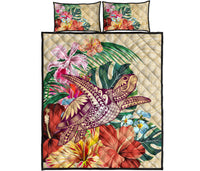 Hawaii Tropical Hibiscus Plumeria Turtle Beige Quilt Bed Set Beige - Polynesian Pride