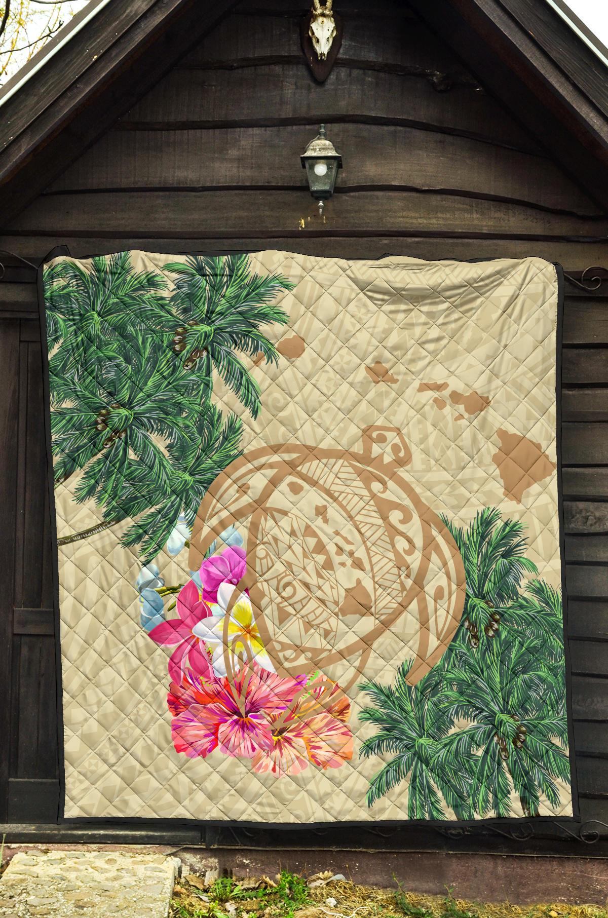 Hawaii Kanaka Maoli Polynesian Flowers Turtle Premium Quilt - Polynesian Pride