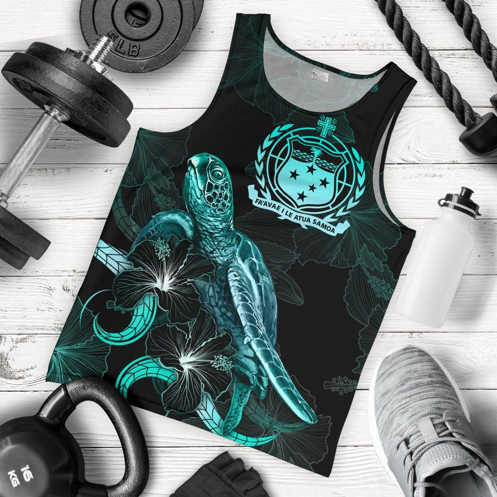 Samoa Polynesian Men Tank Top - Turtle With Blooming Hibiscus Tuquoise Turquoise - Polynesian Pride