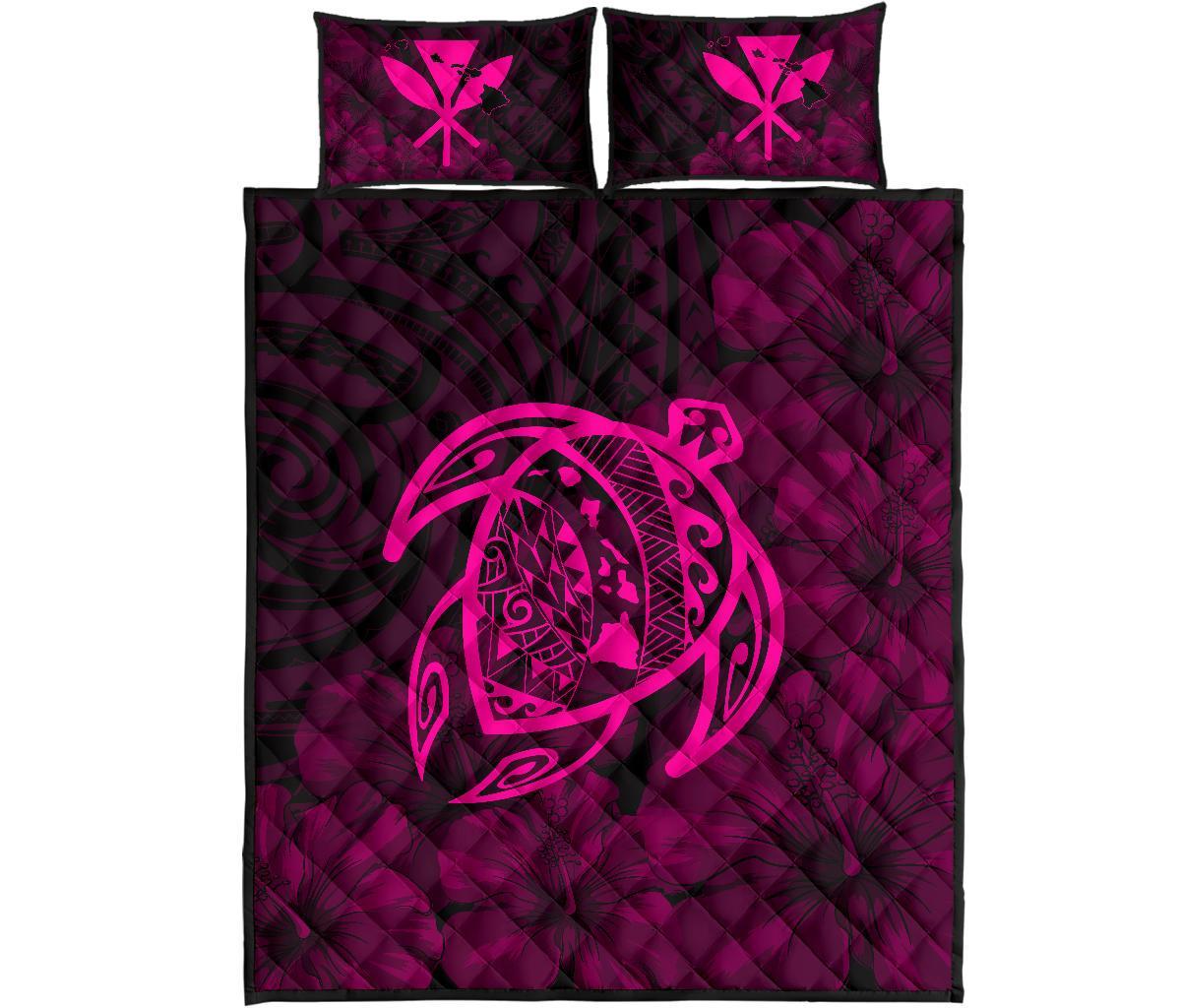 Hawaii Turtle Kanaka Map Hibiscus Poly Quilt Bed Set - Pink Art - Polynesian Pride