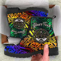 Marshall Islands Custom Personalised Leather Boots - Rainbow Polynesian Pattern Crest Rainbow - Polynesian Pride