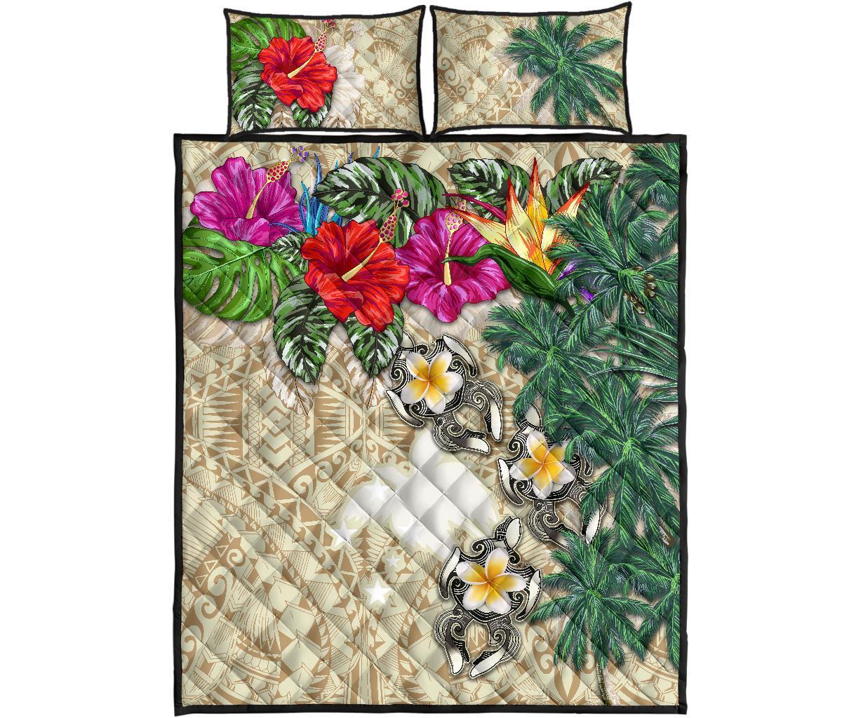 Papua New Guinea Polynesian Quilt Bed Set - Hibiscus Turtle Tattoo Beige - Polynesian Pride