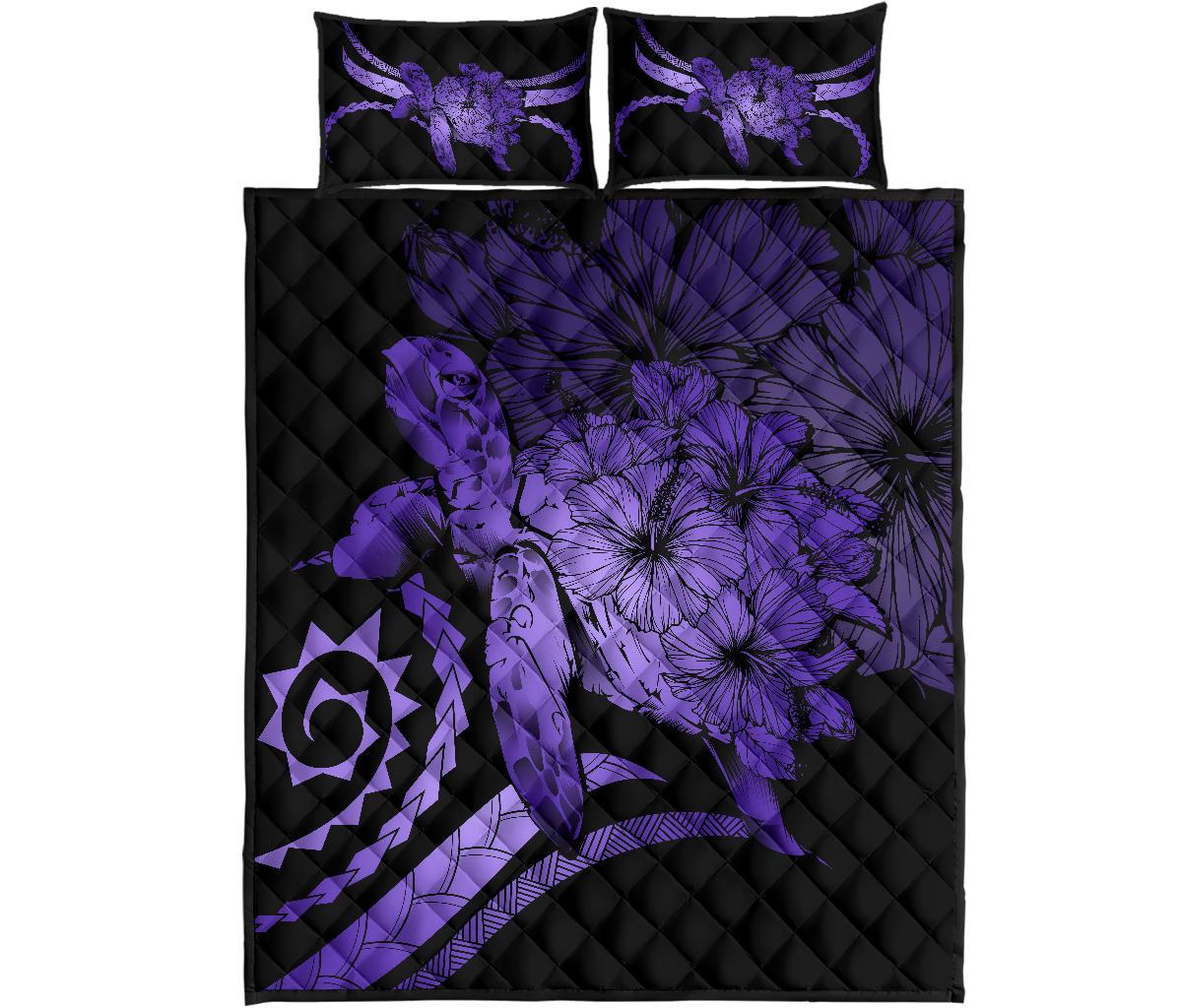 Hawaii Turtle Hibiscus Polynesian Vintage Quilt Bed Set - Purple Art - Polynesian Pride