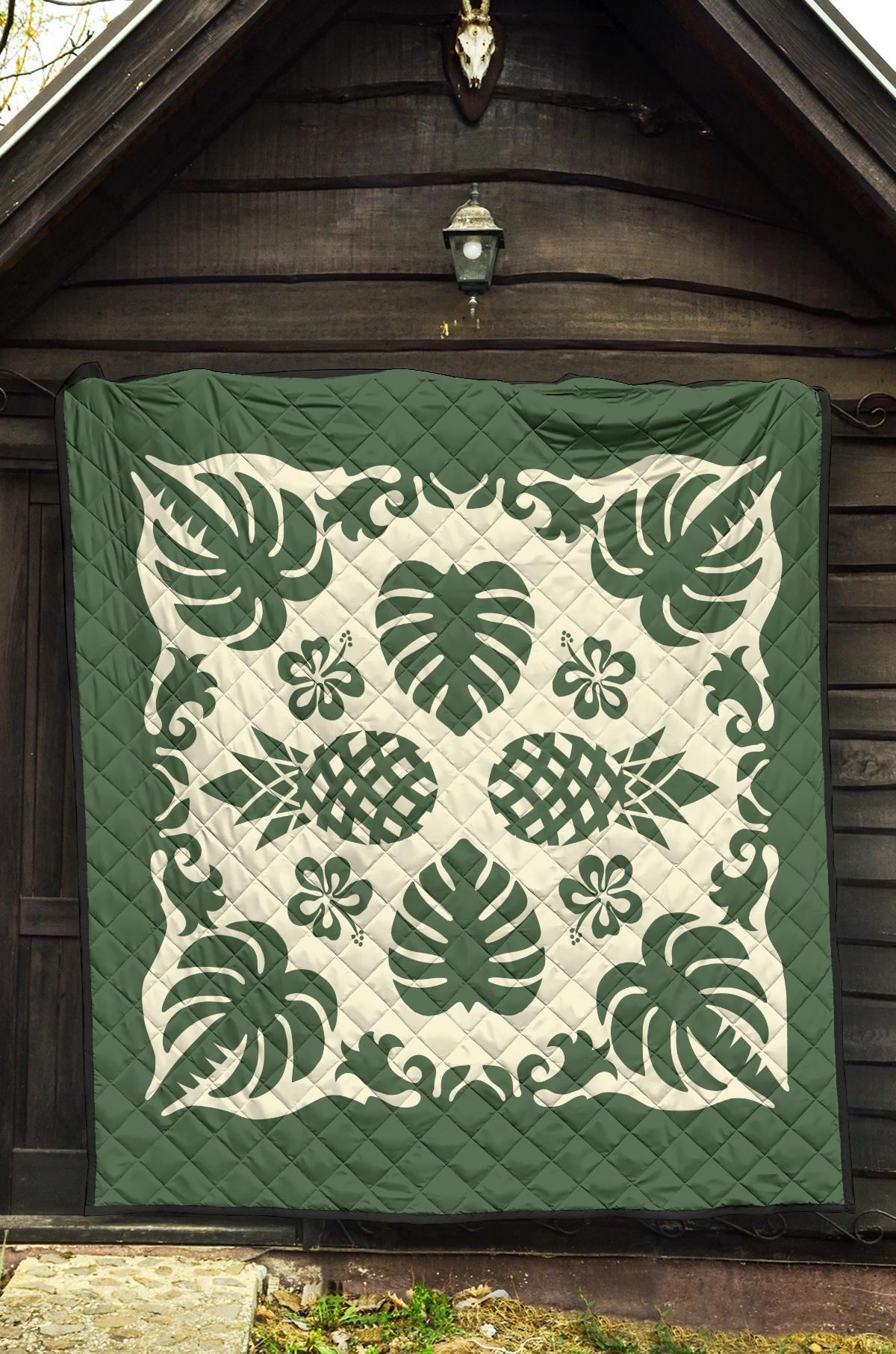 Hawaiian Kalo Coconut Pattern Premium Quilt - Green - Argu Style - AH - Polynesian Pride